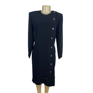 Vintage Raul Blanco Black Dress W/ Rhinestone Buttons Long Sleeve Womens Size 14